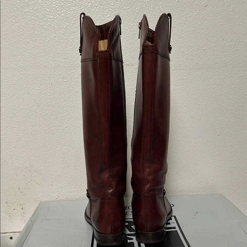FRYE MELISSA BUTTON INSIDE ZIP COGNAC DISTRESSED LEATHER RIDING BOOT - Picture 4 of 10